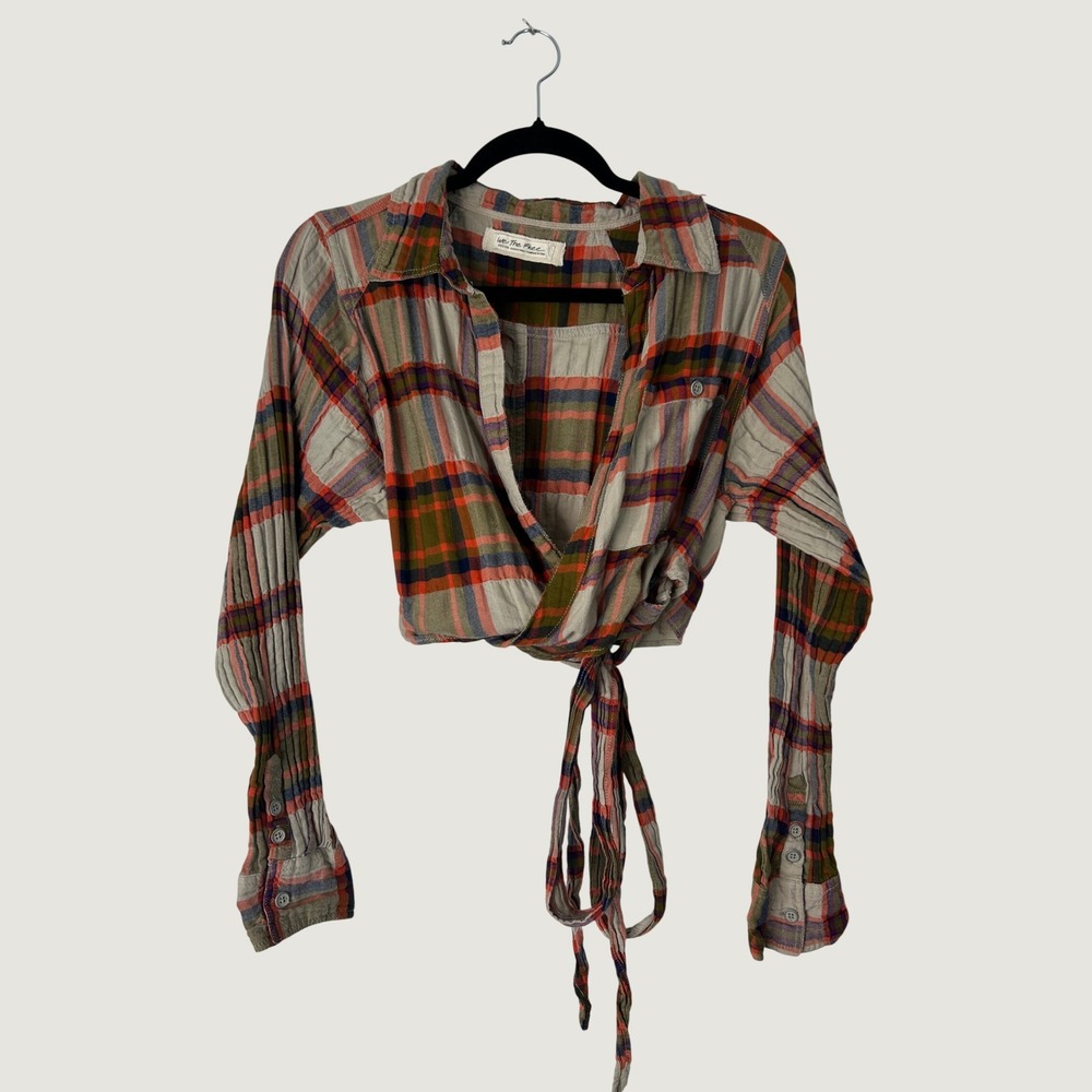 We The Free One Way Plaid Wrap Top Womens M Purple Green Cropped Long Sleeve Tie